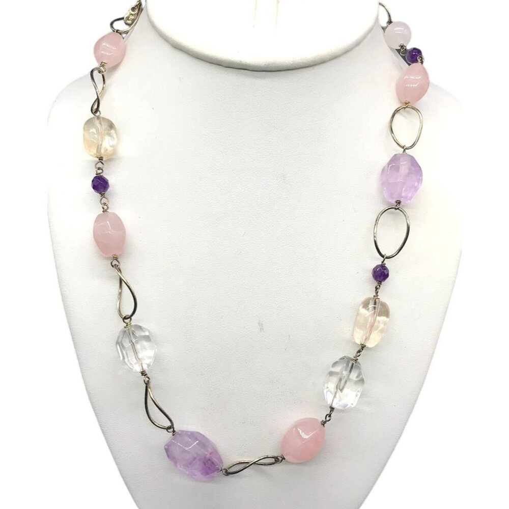 J & T Sterling Link Necklace, Amethyst Rose Quartz, 925 Silver Links Designer